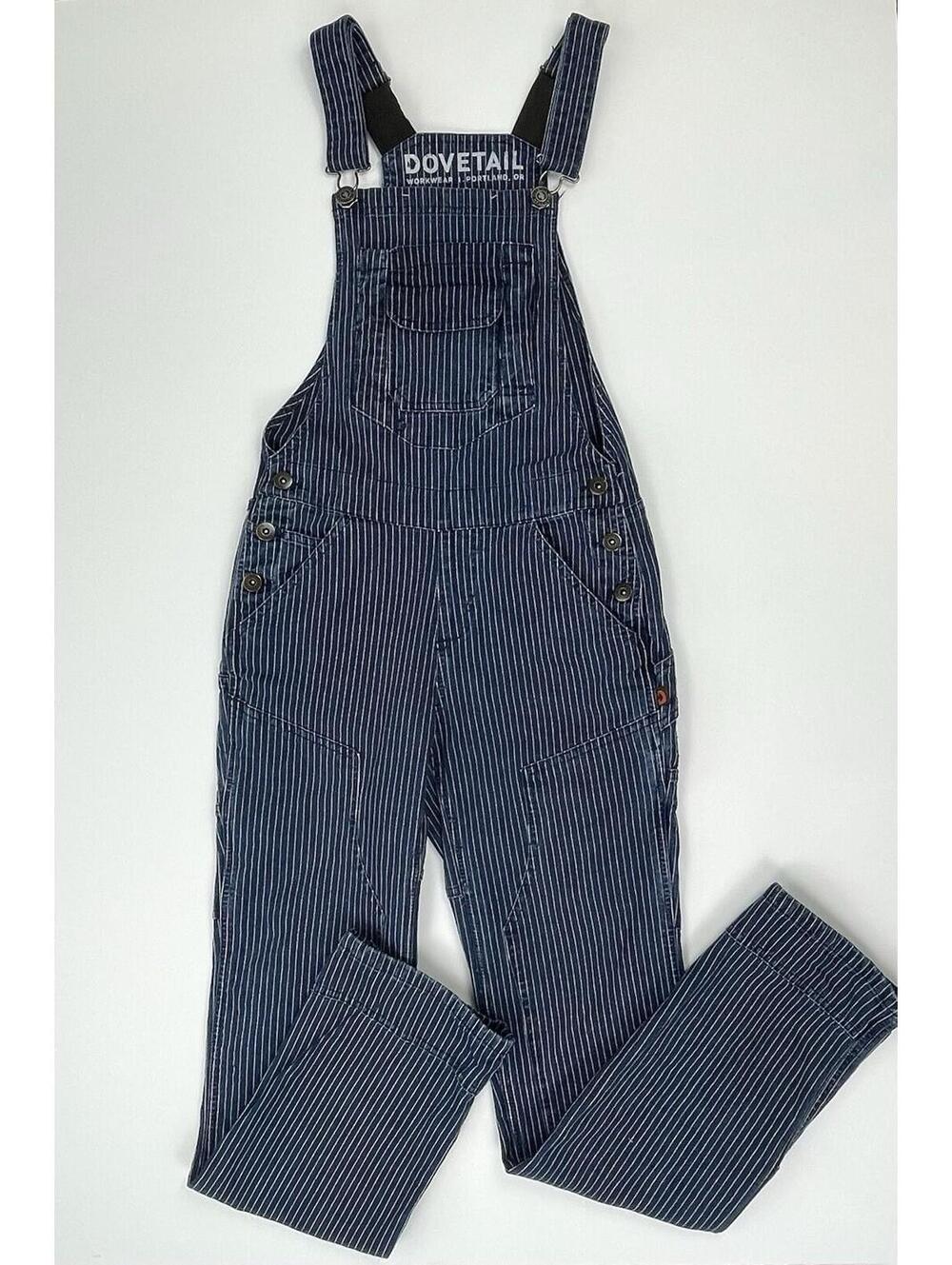 Dovetail Workwear Women’s Freshley Utility Overall Navy Stripe 30” Long Size 0